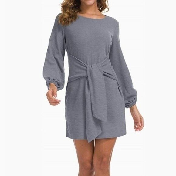 R Vivimos Gray Elegant Boho Vintage Tie Waist Mini Club Evening Party Dress M - Picture 8 of 11